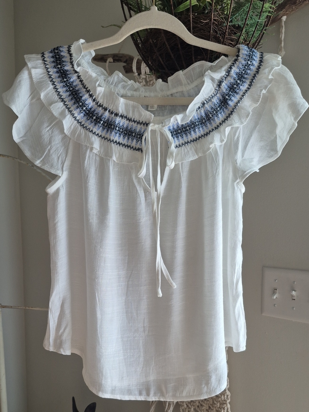Blu Pepper White Peasant Top with Blue Embroidery